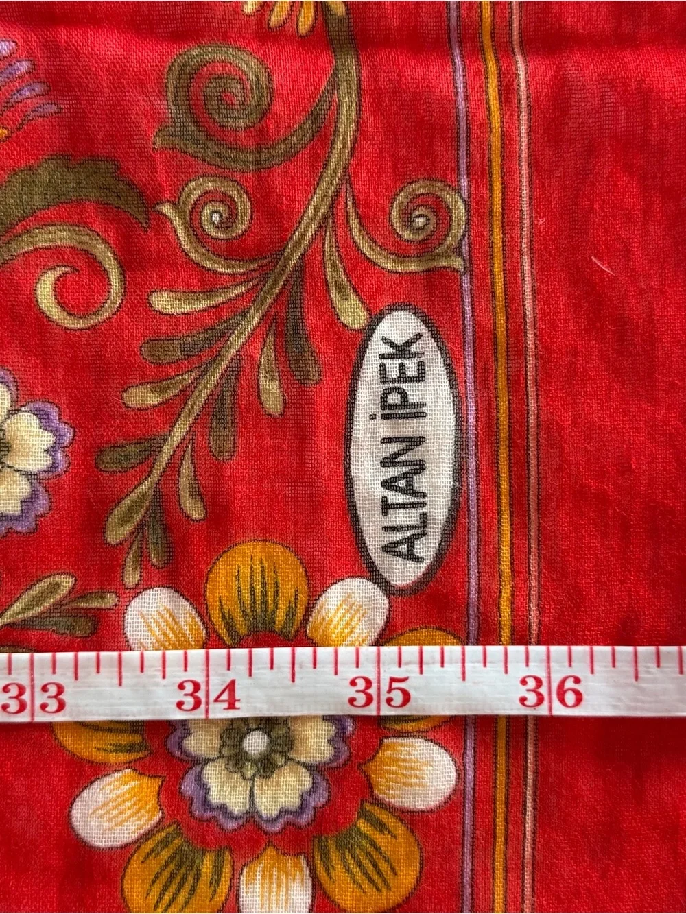 Altan Ipek Red Floral Square Scarf 39” Crochet Lace Trim Turkish Boho